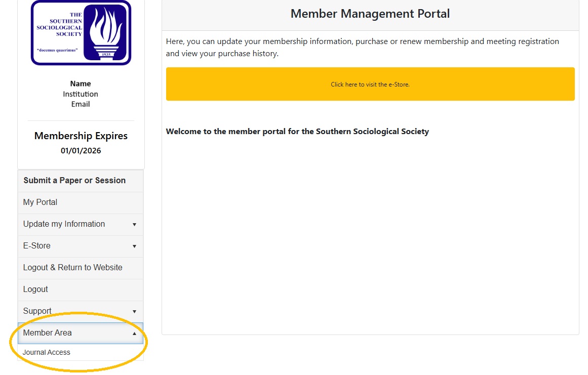 a screenshot of the SSS member portal (MeetingSavvy) with "Journal Access" circled on the left-hand side under "Member Area"